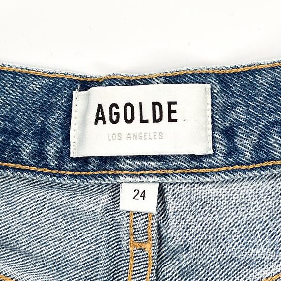 AGOLDE Dee Distressed Denim Shorts Raw Hem Blue High Rise Women’s Size 24 - Picture 3 of 5